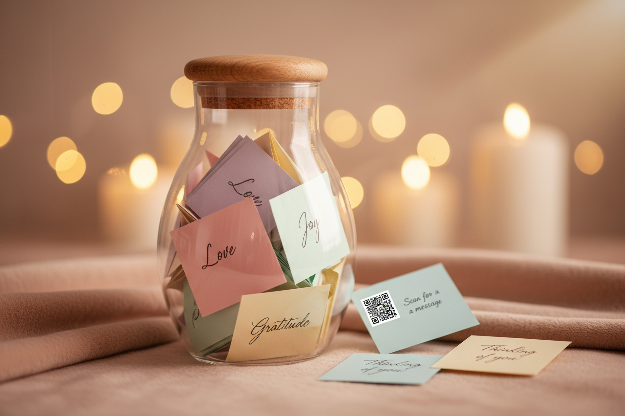 <p>Capture your feelings and share them with your loved ones with the <strong>Joy of Emotions Jar</strong>. This personalized gift allows you to select emotions and print them as beautiful notes to store in your jar.</p><p>Features:</p><ul><li>Personalized printed notes</li><li>QR code integration for digital memories</li><li>Beautiful glass jar container</li><li>Perfect for anniversaries, birthdays, and special occasions</li></ul>